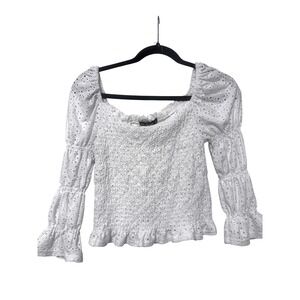 Say What White Eyelet Top Blouse Size L Smocked Stretch Boho Cottagecore Summer